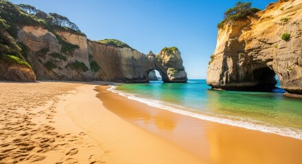Obraz premium Golden beach, rock arches, turquoise water, sunny day