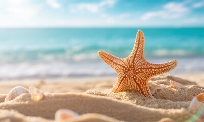 Golden starfish on sandy beach, ocean waves in the background