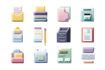 Modern Office Workflow Icon Set 3D Sticker Isolate on Transparent White Background