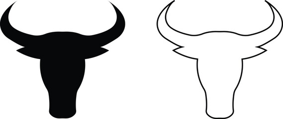 Bull head icon set, black silhouette and outline vector collection of cattle, ox, buffalo, and cow skulls with horns, animal head logo, ranch, farm, rodeo, mascot and tattoo design bundle
