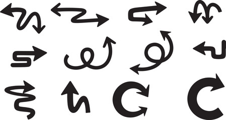 Set of black hand-drawn arrow shapes and pointers in various styles on white background