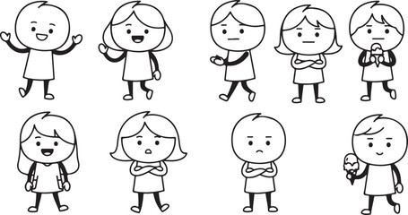 Naklejka premium Diverse Cartoon Characters Expressing Various Emotions and Actions drawing illustration