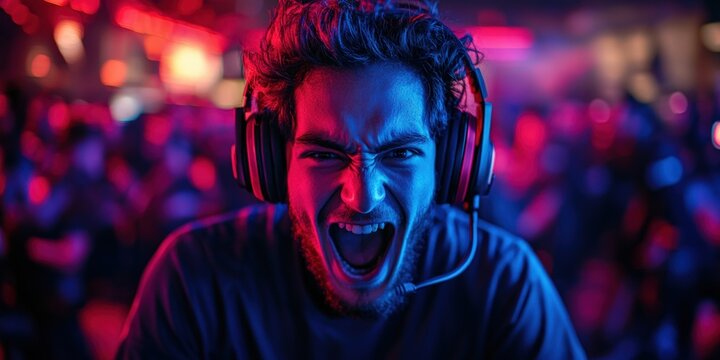 Intense gaming competition esports arena digital event neon environment view excitement and strategy