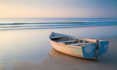 Peaceful sunrise beach scene with a small, weathered boat