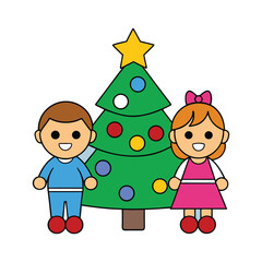 A family gathered around a Christmas tree vector illustration