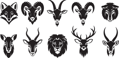 Collection of Silhouette Animal Heads Including Fox Lion Deer Goat and Ram fox head silhouette