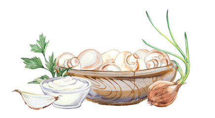 Watercolor mushrooms painting isolated on a white bacjground. Food illustration,