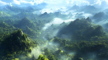 Obraz premium Misty Mountain Range: Aerial View of Lush Green Forest Landscape