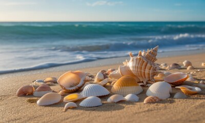 Obraz premium Seashells on a sandy beach at sunrise