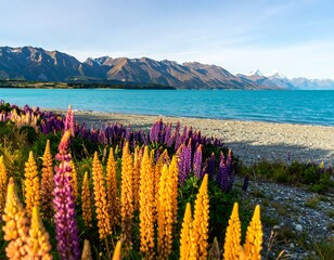 Colorful flowers by a lake with mountains
