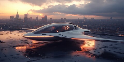 Futuristic flying vehicle soars over urban skyline at dusk high-tech concept aerial view enigmatic atmosphere