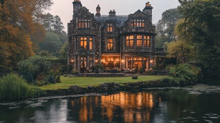 Elegant victorian mansion reflected in calm lake serene evening atmosphere architectural tranquil garden