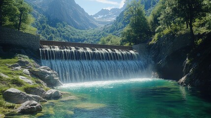 Majestic waterfall cascading into vibrant blue pool mountainous landscape nature serene environment scenic view