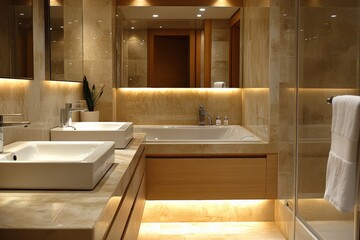 Elegant bathroom design modern home interior relaxing ambiance wide angle luxurious concept