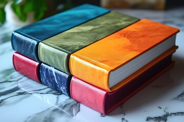 Colorful leather-bound books on marble surface lifestyle still life modern aesthetic