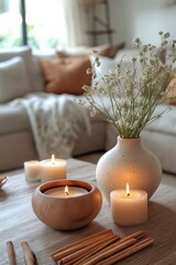Relaxing home ambience candlelit living room cozy atmosphere natural elements modern interior warm lighting