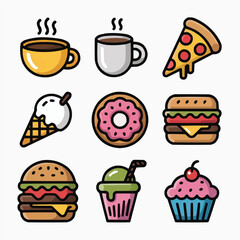 Cartoon Food and Drink Icons Collection with Coffee, Donut and Ice Cream