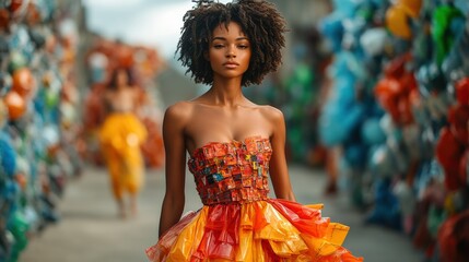 Fashion forward eco-friendly dress showcase in urban recycling center vibrant colors creative expression