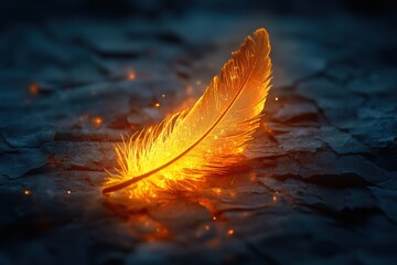 Glowing feather on dark surface fantasy ethereal environment abstract viewpoint concept of imagination