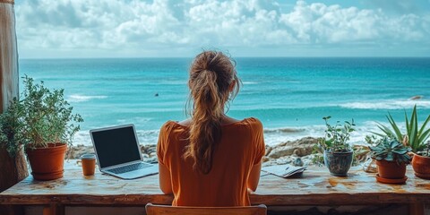 Enjoying remote work at a coastal viewpoint laptop setup ocean environment serene atmosphere