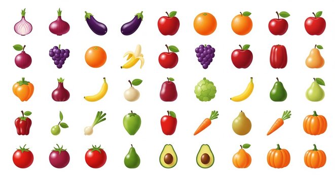 A collection of cartoon style fruits and vegetables arranged in a grid pattern - Powered by Adobe