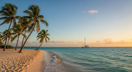 Tropical beach at sunset with palm trees and sailboat