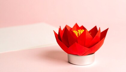 A vibrant red origami lotus flower sits in a small, silver candle holder against a soft pink and white background.