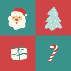 Seamless Christmas Pattern with Santa Claus, Gift, Tree and Candy Cane