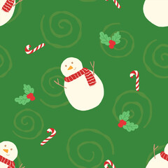 Seamless Green Christmas Pattern with Snowman, Candy Cane and Swirl