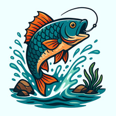 Jumping fish cartoon logo. Fishing sport vector mascot illustration for branding.
