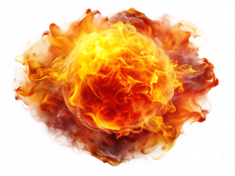 red yellow hot burning fire ball flame isolated on white background