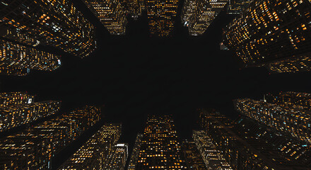 Low angle view of illuminated skyscrapers at night, creating a tunnel effect with a dark center.