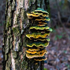 Colorful fungi cluster on tree trunk