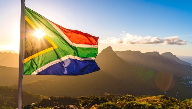 A vibrant South African flag waves proudly against a backdrop of mountainous landscape bathed in golden sunlight.