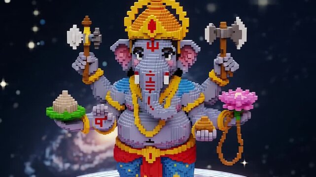 Detailed 3D Pixel Art Animation of Lord Ganesha with Cosmic Galaxy Background Spiritual Vibes
