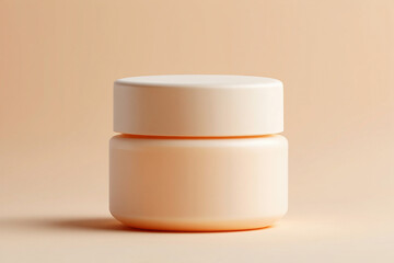 Minimalist peach colored jar with lid on a soft peach background