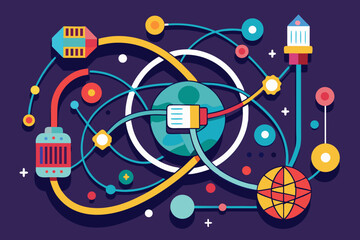 Dynamic network connections link abstract global technology hubs showcasing innovative digital connectivity and futuristic infrastructure development with vibrant lines and geometric shapes