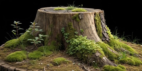 Fototapeta premium Mossy Tree Stump New Growth Against a Dark Backdrop