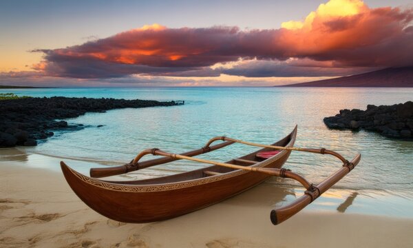Wooden outrigger canoe on tropical beach at sunset