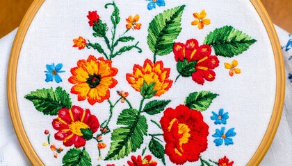 Colorful embroidered floral design on white fabric.