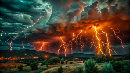 Dramatic lightning storm over a landscape with trees and distant lights in the night sky above hills