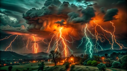 A dramatic sky filled with lightning strikes over a landscape with trees and distant mountains