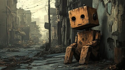 rusty robot sits alone in a ruined city. The image evokes feelings of isolation and despair in a post-apocalyptic setting.