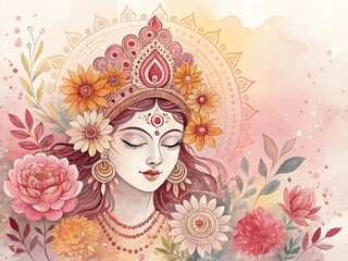 Serene goddess adorned with flowers in watercolor style