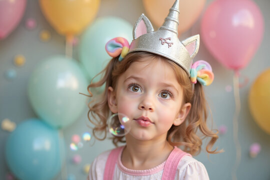 Young girl wearing unicorn hat and blowing bubbles at birthday party  