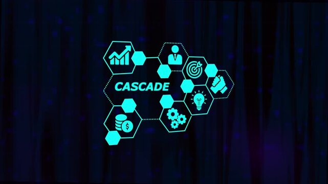 Cascade business strategy concept with financial growth target achievement teamwork and innovation icons in neon blue on dark grid background - Powered by Adobe