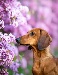 Dachshund in lilac blossoms