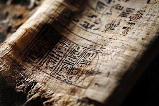 Ancient papyrus with hieroglyphs, showing historical writings and delicate textures, symbolizing ancient culture.