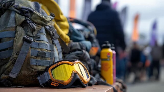 earplugs and goggles prominent hydration packs ready banner in soft focus behind with crowd safety guidelines.