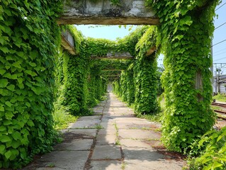 Obraz premium abandoned train station overgrown with ivy